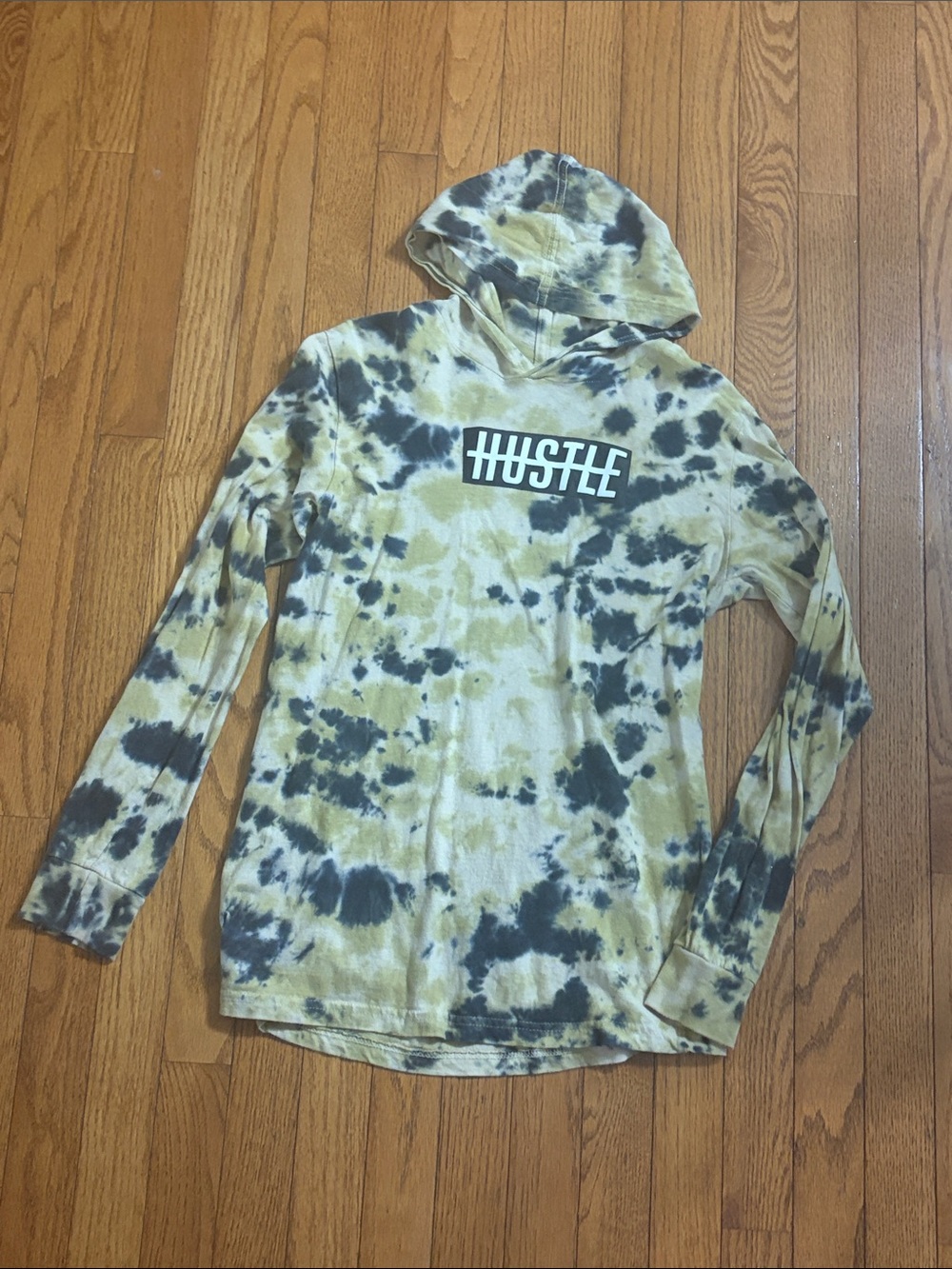 Youth Tie-Dye Hoodie with HUSTLE Graphic in Yellow and Black